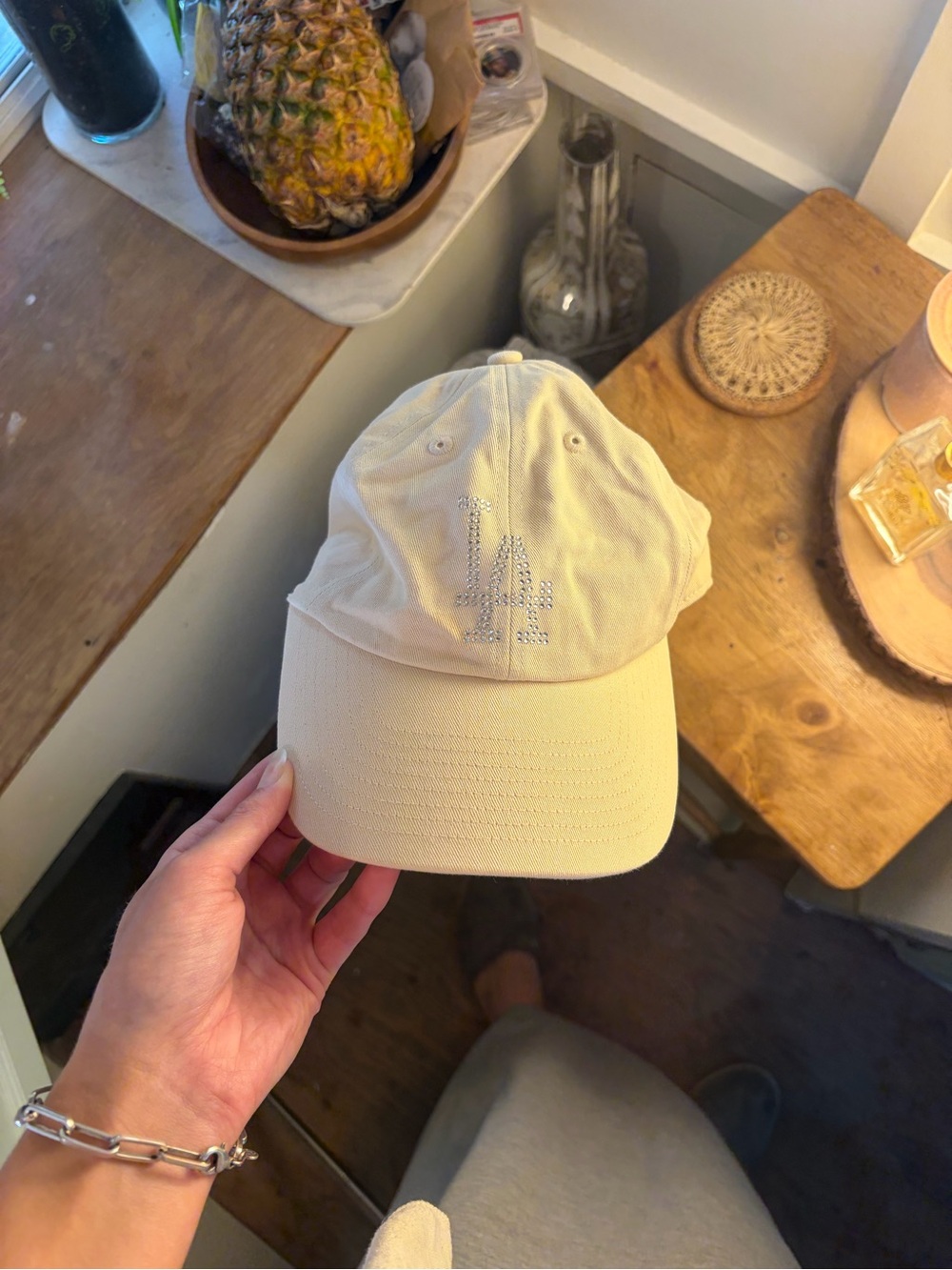 Cream Dodgers Baseball Cap with Rhinestone 'LA' Accent